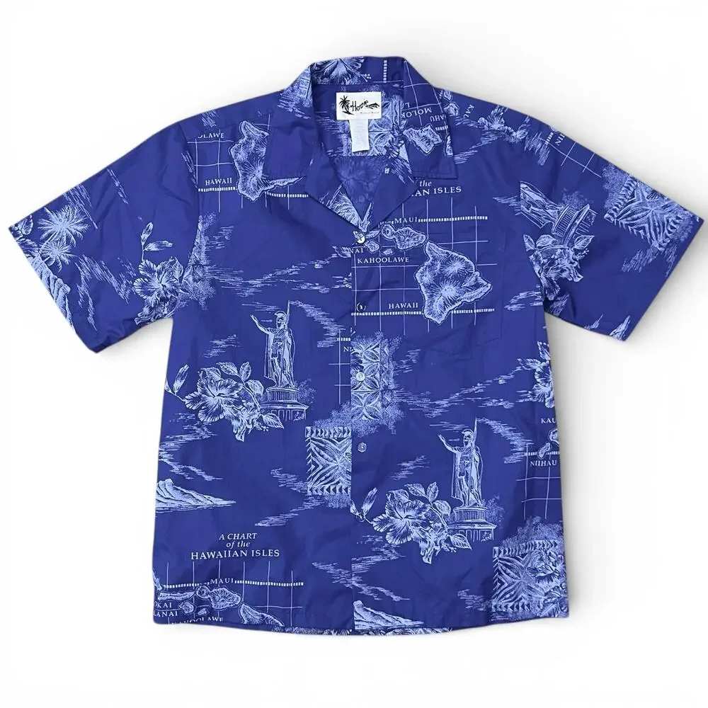 Vintage Howie Hawaiian Islands Shirt USA Made King Kamehameha Tropical Blue S M